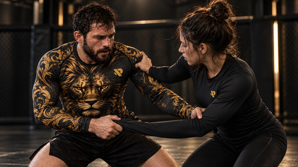 Pratiquant en rash guard Rashu Lion qui travaille une technique de JJB avec son partenaire