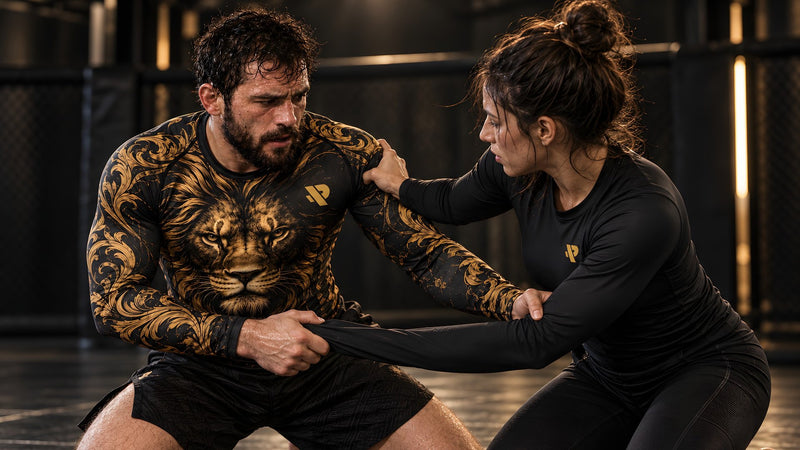 Pratiquant en rash guard Rashu Lion qui travaille une technique de JJB avec son partenaire
