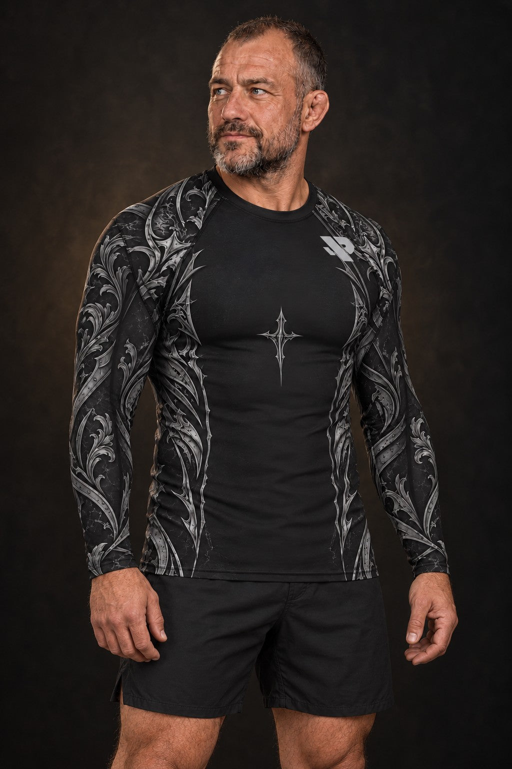 Rash guard Armure de Dieu manches longues homme, Bouclier, heaume, épée et cuirasse en gravure argent sur noir, vue de face
