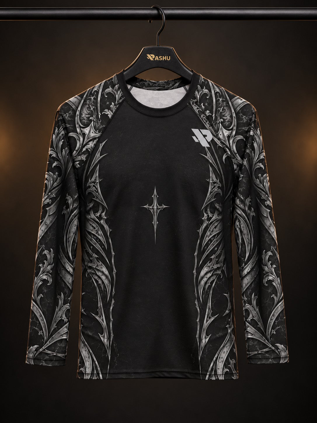 Rash guard Armure de Dieu manches longues homme, Bouclier, heaume, épée et cuirasse en gravure argent sur noir