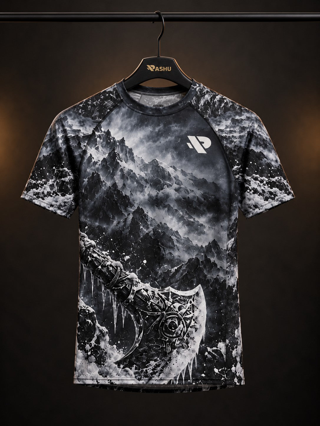 Rash guard Berserker manches courtes homme, Guerrier nordique sous peau d'ours, fusain noir et gris