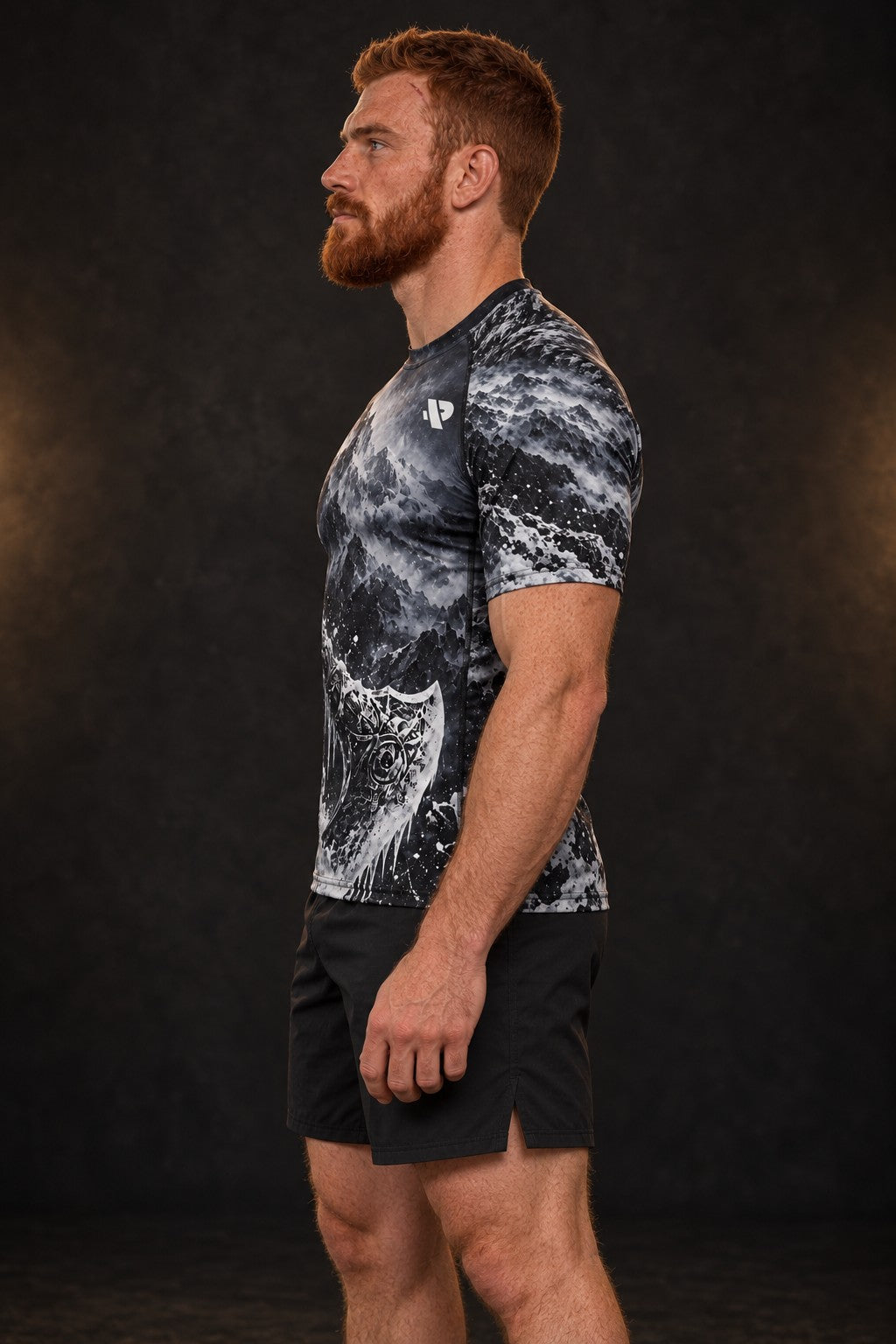 Rash guard Berserker manches courtes homme, Guerrier nordique sous peau d'ours, fusain noir et gris