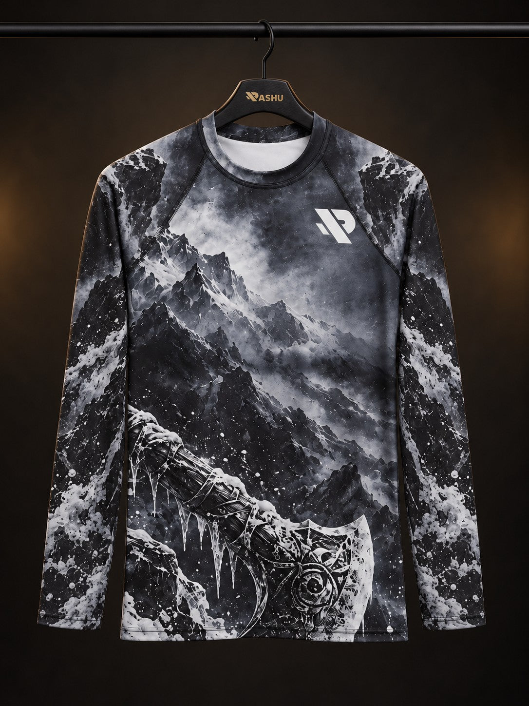 Rash guard Berserker manches longues homme, Guerrier nordique sous peau d'ours, fusain noir et gris