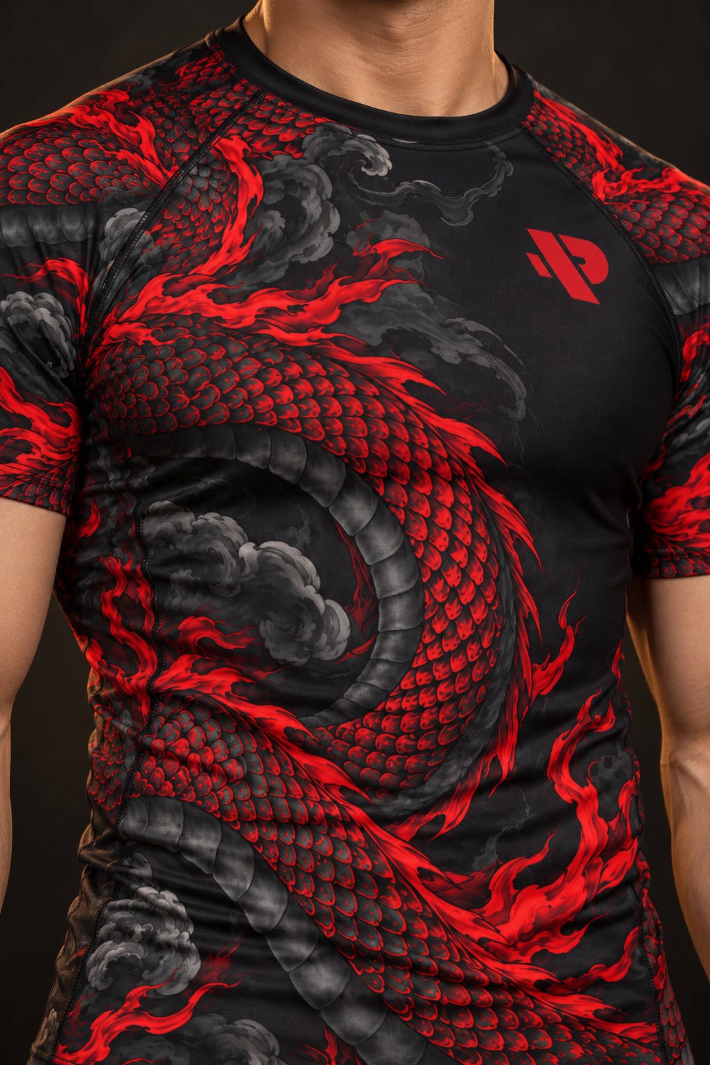 Rash guard Dragon Rouge homme, dragon japonais rouge et noir enroulé autour du buste, fond noir