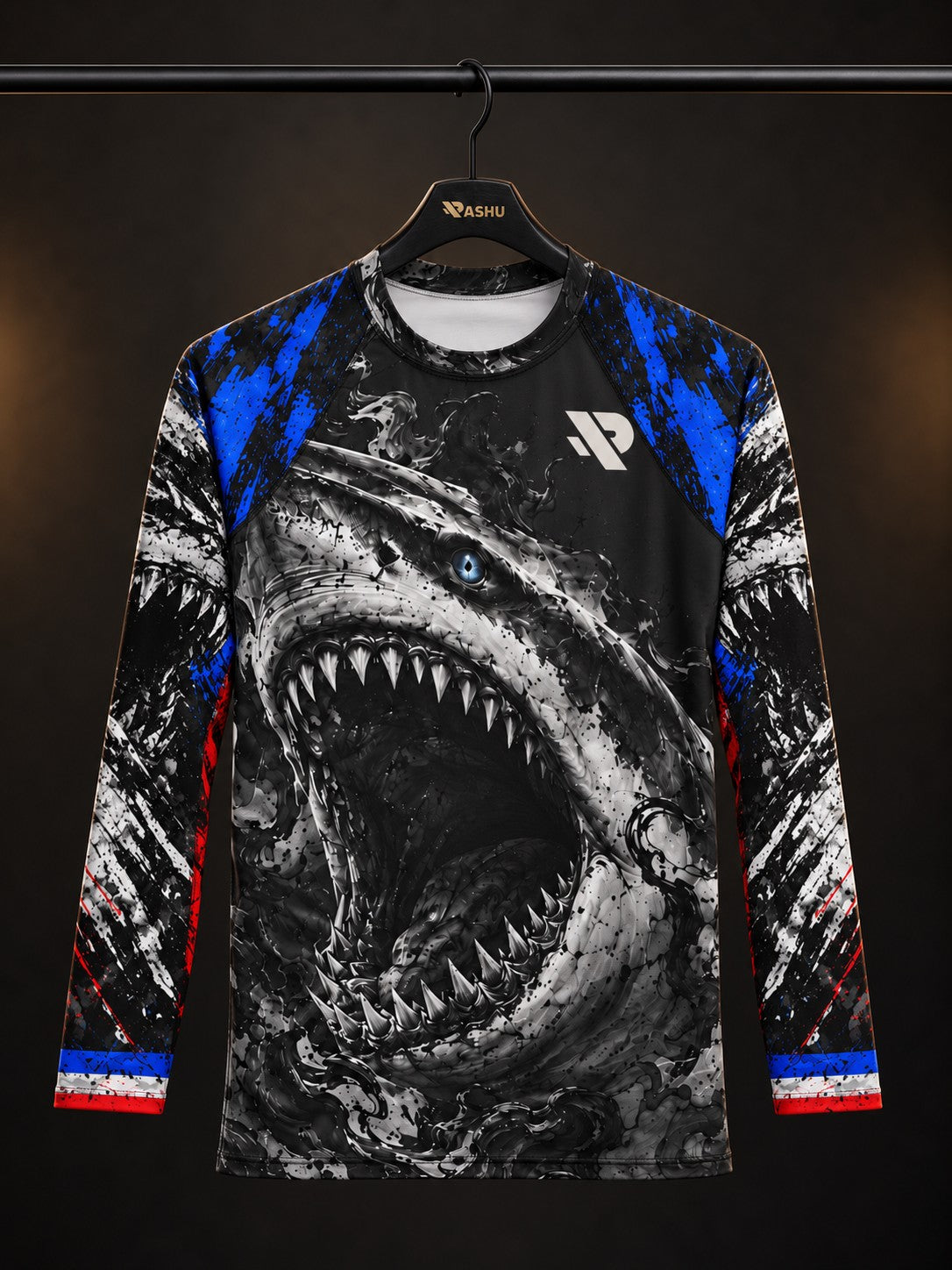Rash guard Grand Blanc manches longues homme, Grand requin blanc gueule ouverte sortant d'une fumée noire