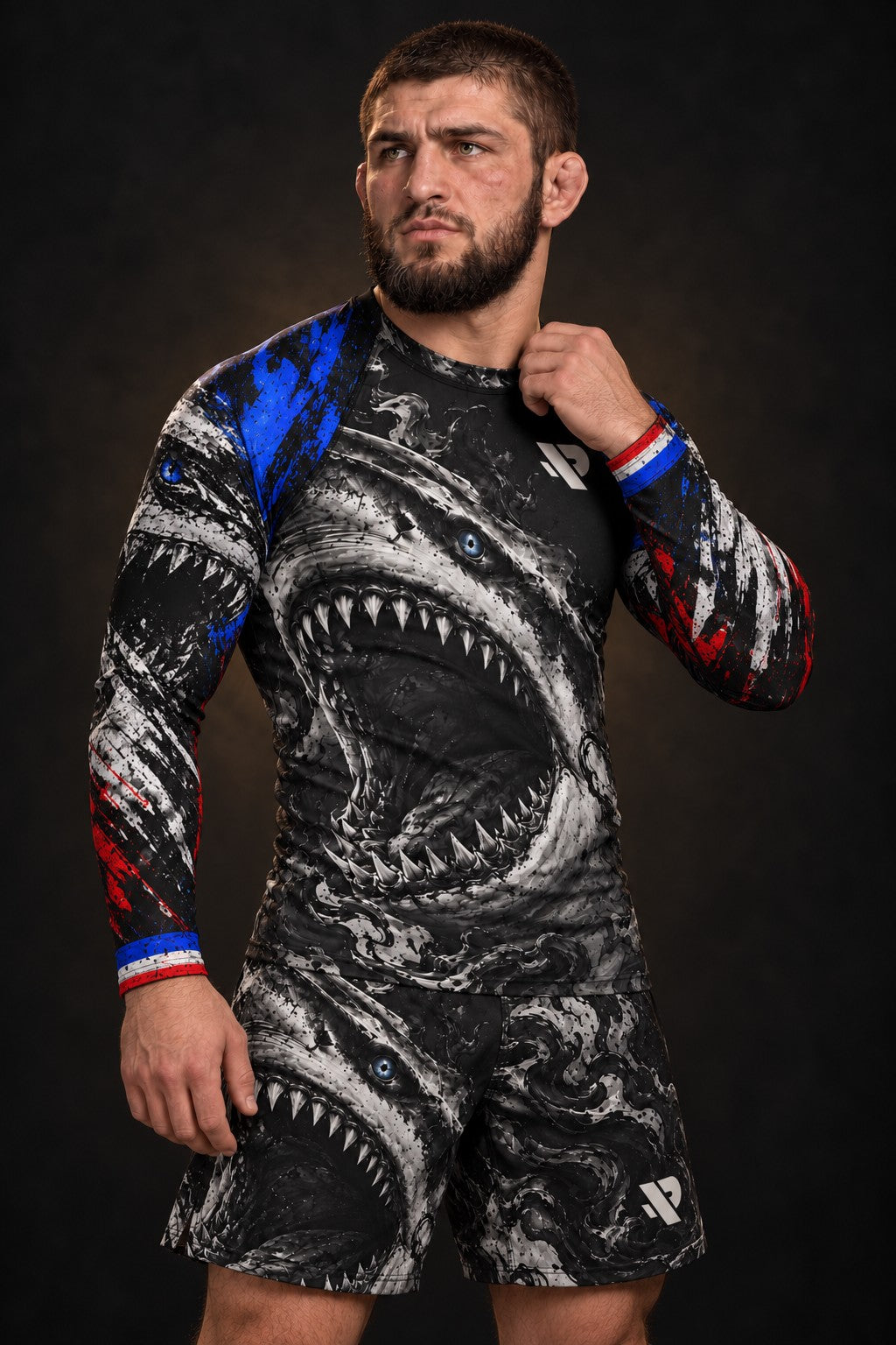 Rash guard Grand Blanc manches longues homme, Grand requin blanc gueule ouverte sortant d'une fumée noire