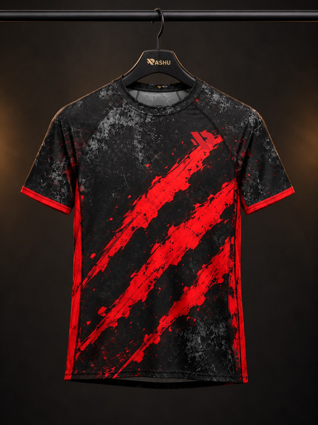 Rash guard Griffes Blood manches courtes homme, 3 griffures rouge sang sur fond noir usé