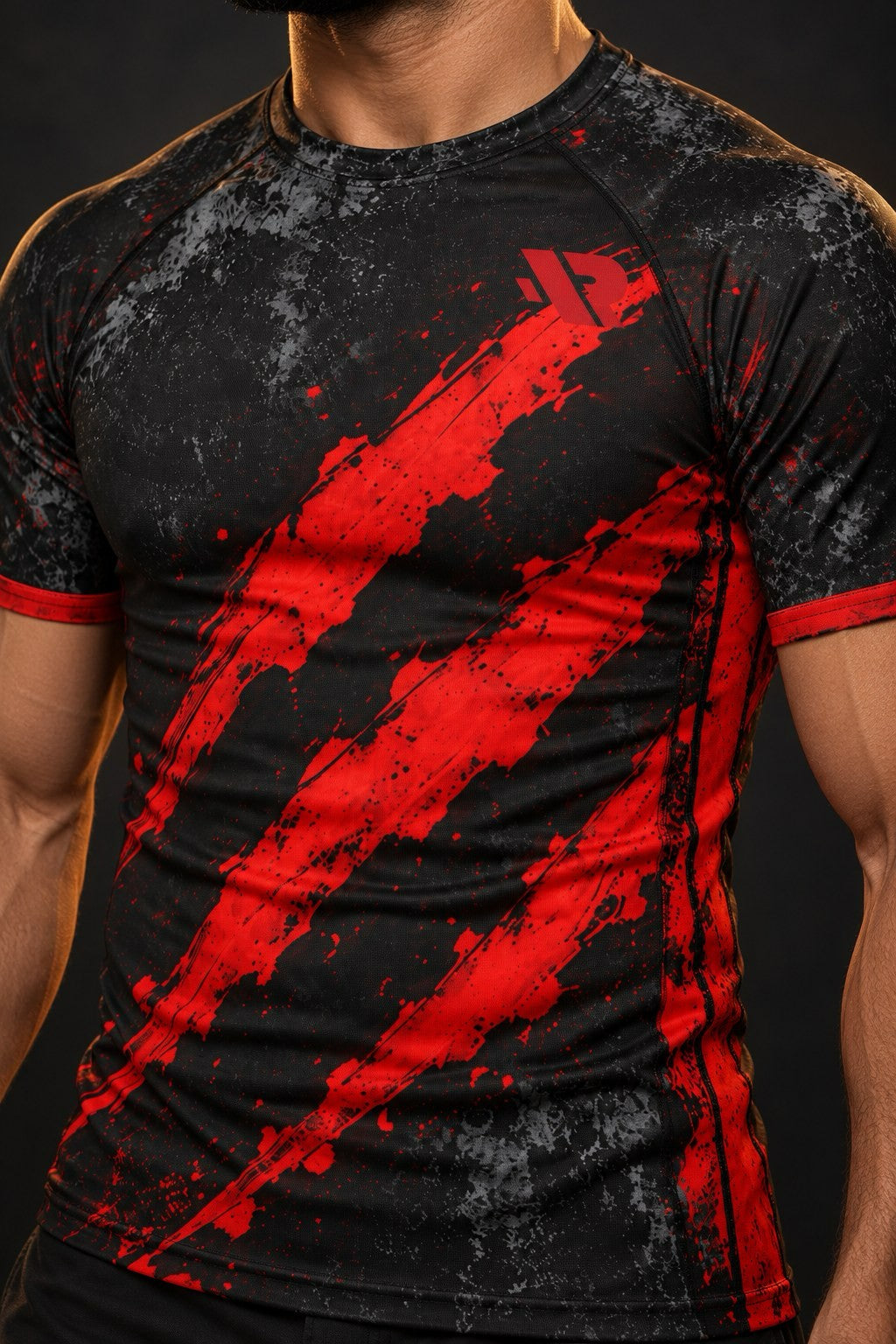 Rash guard Griffes Blood manches courtes homme, 3 griffures rouge sang sur fond noir usé