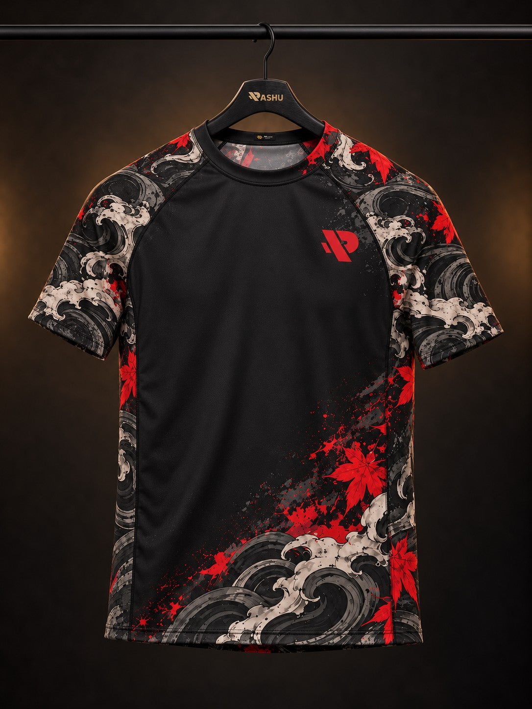 Rash guard Hannya Rouge manches courtes homme, masque hannya rouge et blanc, feuilles d'érable et vent, fond noir