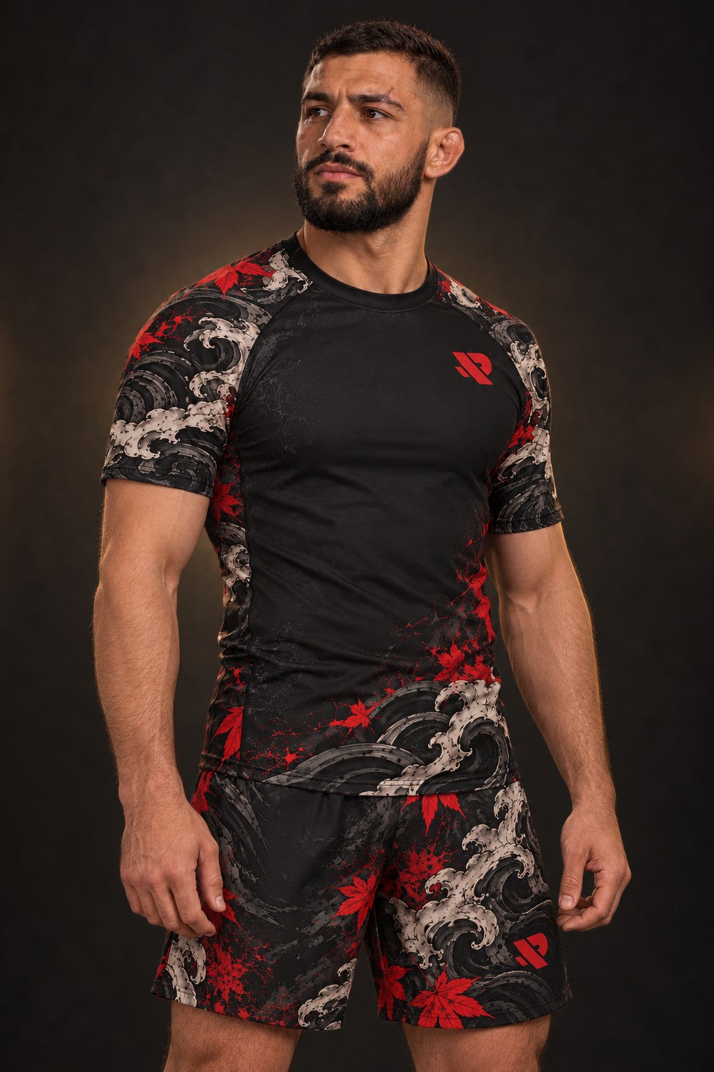 Rash guard Hannya Rouge manches courtes homme, masque hannya rouge et blanc, feuilles d'érable et vent, fond noir