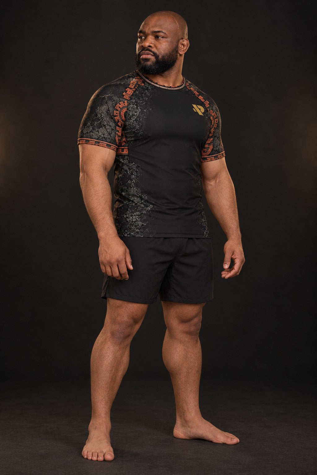 Rash guard Pierre du Soleil manches courtes homme, Disque solaire aztèque sculpté gris pierre et terre cuite, vue de face
