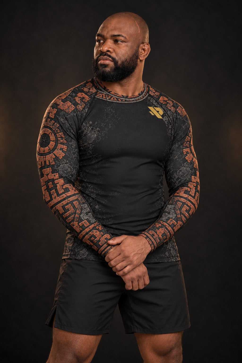 Rash guard Pierre du Soleil manches longues homme, Disque solaire aztèque sculpté gris pierre et terre cuite, vue de face