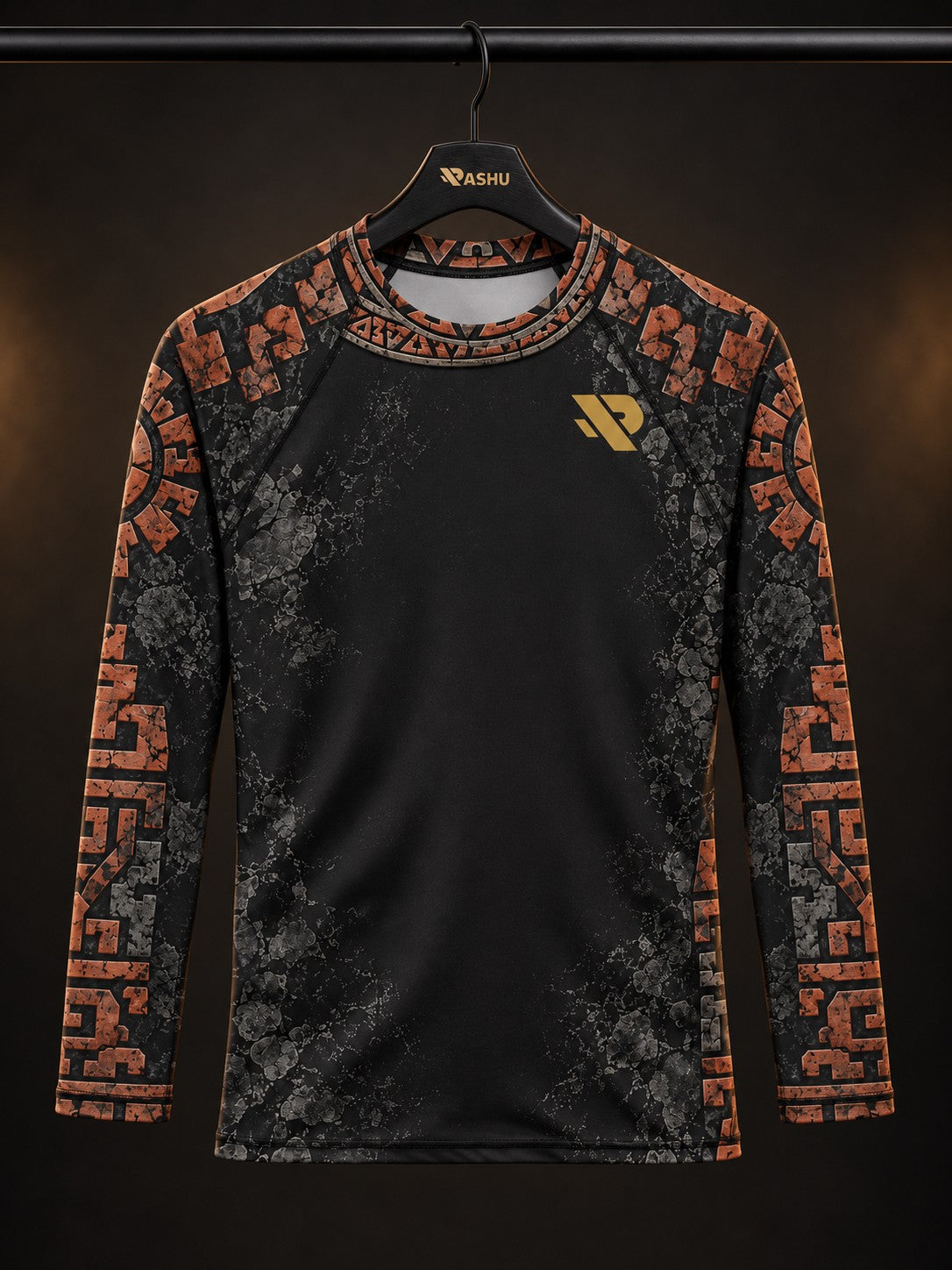 Rash guard Pierre du Soleil manches longues homme, Disque solaire aztèque sculpté gris pierre et terre cuite