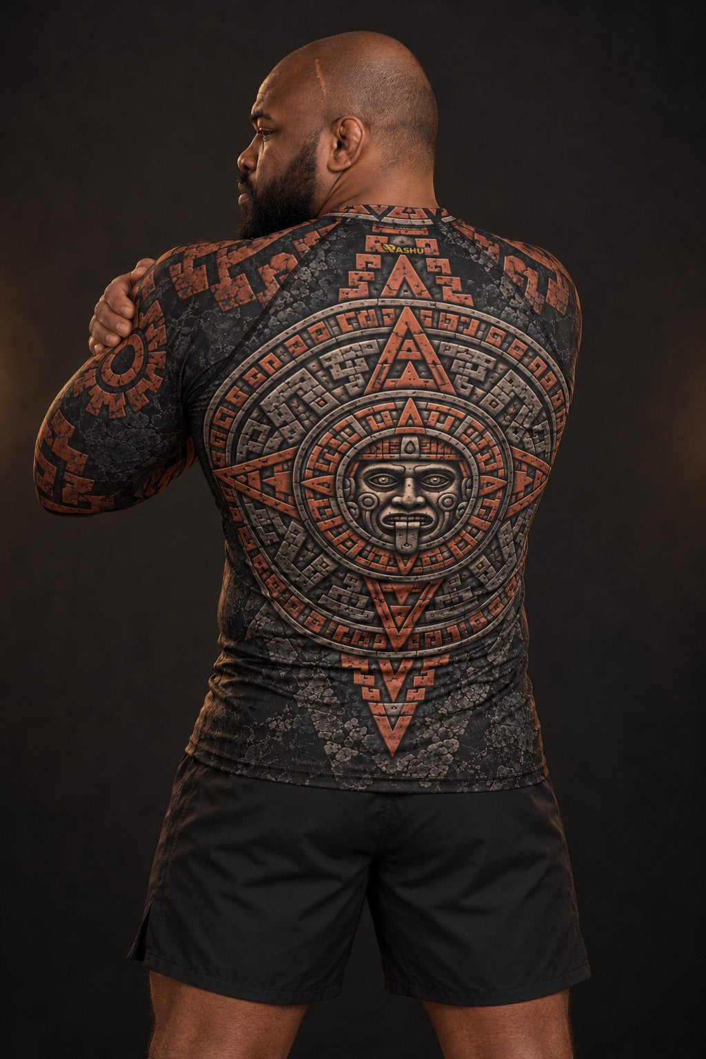 Rash guard Pierre du Soleil manches longues homme, Disque solaire aztèque sculpté gris pierre et terre cuite, vue de dos