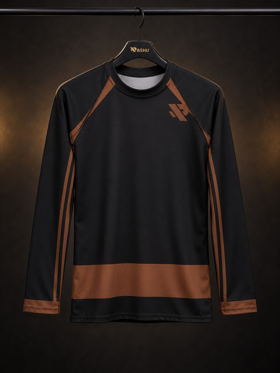 Rash guard Ranked Ceinture Marron manches longues homme, large bande marron chocolat à la taille et manches marron, fond noir